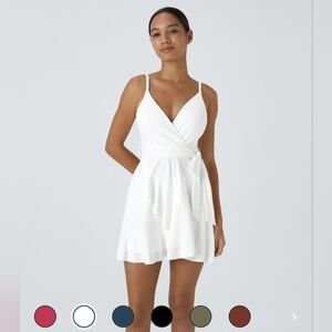 NWT Halara V Neck Ruffle Mini Dress w/ Shorts, Medium (8/10), White